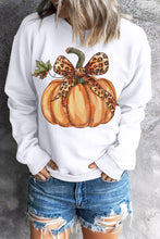 Load image into Gallery viewer, Beige Leopard Bowknot Pumpkin Graphic Crewneck Sweatshirt
