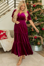 Load image into Gallery viewer, Prussian Blue Velvet Short Sleeve Shirred Waist Tiered Maxi Dress
