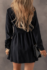 Black Elastic Cinched High Waist Long Sleeve Shirt Mini Dress