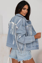 Load image into Gallery viewer, Sky Blue Sequin Embellished Fringe Distressed Denim Jacket
