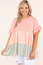 Load image into Gallery viewer, Pink Ruffled Short Sleeve Leopard Splicing Flowy Plus Size Top
