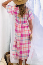 Load image into Gallery viewer, Pink Checkered Puff Sleeve Belted Midi Dress
