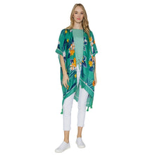 Load image into Gallery viewer, Green Tropical Floral Tassel Kimono
