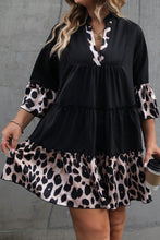 Load image into Gallery viewer, Plus Black Leopard Patchwork Split Neck Ruffle Curvy Dress
