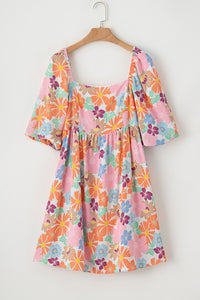 Pink Summer Floral Square Neck Puff Sleeve Babydoll Dress