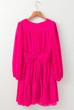 Load image into Gallery viewer, Rose Red Puff Long Sleeve V Neck Pleated Mini Dress
