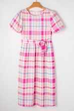 Load image into Gallery viewer, Pink Checkered Puff Sleeve Belted Midi Dress
