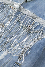 Load image into Gallery viewer, Sky Blue Sequin Embellished Fringe Distressed Denim Jacket
