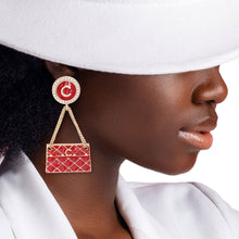 Load image into Gallery viewer, Red Quilted Bag Gold Earrings
