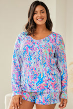 Load image into Gallery viewer, Sky Blue Plus Size Floral Print Long Sleeve and Shorts Lounge Outfit
