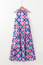 Load image into Gallery viewer, Blue Floral Print Frilly Neck Sleeveless Tiered Maxi Dress
