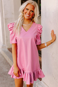 Sachet Pink Pleather Bubble Short Sleeve V Neck Ruffled Hem Mini Dress