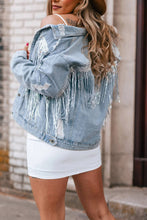 Load image into Gallery viewer, Sky Blue Sequin Embellished Fringe Distressed Denim Jacket
