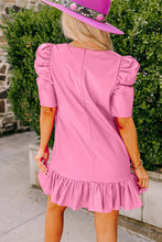 Load image into Gallery viewer, Sachet Pink Pleather Bubble Short Sleeve V Neck Ruffled Hem Mini Dress
