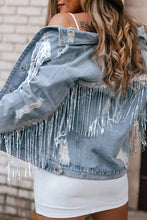 Load image into Gallery viewer, Sky Blue Sequin Embellished Fringe Distressed Denim Jacket
