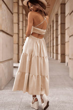 Load image into Gallery viewer, Oatmeal Crossover Backless Bodice Tiered Maxi Dress
