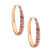 Load image into Gallery viewer, Multi Color Rhinestone Lines Gold Hoops
