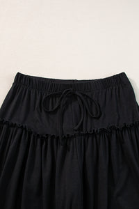 Black Frilled Drawstring High Waist Wide Leg Pants