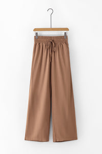 Brown Drawstring Elastic Waist Casual Wide Leg Pants