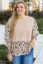 Load image into Gallery viewer, Beige Faux Two Piece Knit Patchwork Floral Print Plus Size Top
