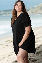 Load image into Gallery viewer, Black Solid Ruffled Puff Sleeve V Neck Plus Size Mini Dress
