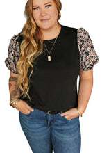 Load image into Gallery viewer, Black Daisy Printed Short Bubble Sleeve Plus Size Tunic Top
