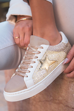 Load image into Gallery viewer, Gold Glitter Star Patchwork PU Leather Lace-up Sneakers
