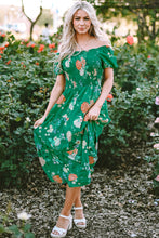 Load image into Gallery viewer, Green Floral Print Bubble Sleeve Smocked Tiered Midi Dress
