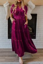 Load image into Gallery viewer, Prussian Blue Velvet Short Sleeve Shirred Waist Tiered Maxi Dress

