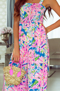 Pink Abstract Floral Painting Smocked Wide Leg Jumpsuit