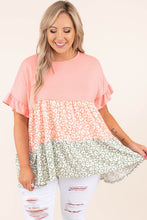 Load image into Gallery viewer, Pink Ruffled Short Sleeve Leopard Splicing Flowy Plus Size Top
