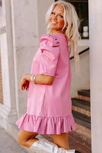 Load image into Gallery viewer, Sachet Pink Pleather Bubble Short Sleeve V Neck Ruffled Hem Mini Dress
