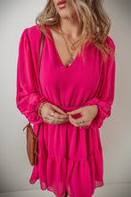 Load image into Gallery viewer, Rose Red Puff Long Sleeve V Neck Pleated Mini Dress
