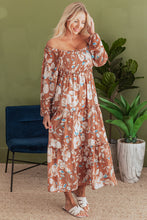 Load image into Gallery viewer, Brown Floral Print Shirred Square Neck High Waist Maxi Dress
