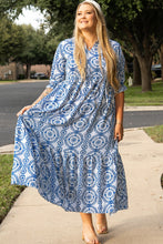 Load image into Gallery viewer, Sky Blue Geometric Print Lace-up Notch Neck Plus Size Maxi Dress
