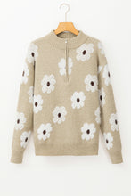 Load image into Gallery viewer, Khaki Floral Pattern Half Zip Drop Shoulder Sweater
