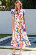 Load image into Gallery viewer, Pink Ricrac Trim Flutter Sleeve Buttoned Floral Maxi Dress
