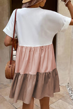 Load image into Gallery viewer, Light French Beige Triple Colors V Neck Folded Cuffs Tiered Loose Dress
