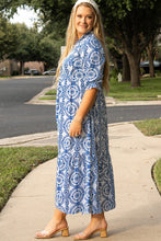 Load image into Gallery viewer, Sky Blue Geometric Print Lace-up Notch Neck Plus Size Maxi Dress
