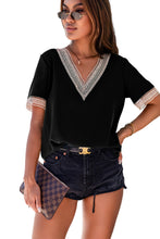 Load image into Gallery viewer, Black Lace Trim V Neck Short Sleeve Blouse
