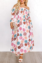 Load image into Gallery viewer, White Plus Size Flower Print Smocked Off Shoulder Dress
