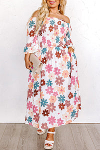 White Plus Size Flower Print Smocked Off Shoulder Dress