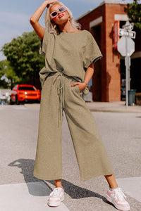 Strawberry Pink Textured Loose Fit T Shirt and Drawstring Pants Set