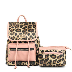 Backpack Leopard and Pink Flap Bag Set for Women