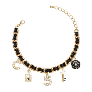 Anklet Black Woven Gold Chain Camellia Charms