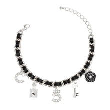 Load image into Gallery viewer, Anklet Black Woven Silver Chain Camellia Charms
