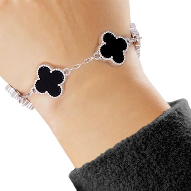 Bracelet Silver Black Quatrefoil Clover 5 Motifs