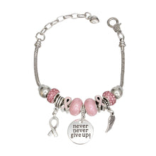 Load image into Gallery viewer, Breast Cancer Silver Never Give Up Charm Bracelet
