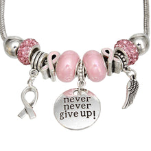Load image into Gallery viewer, Breast Cancer Silver Never Give Up Charm Bracelet

