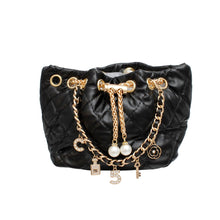 Load image into Gallery viewer, Mini Bucket Black Quilted Gold Camellia Luxe Bag
